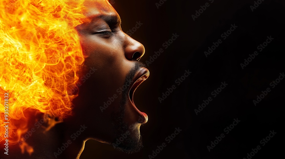 A man with a fire in his hair and a mouth wide open A man with a fire in his hair and a mouth wide open