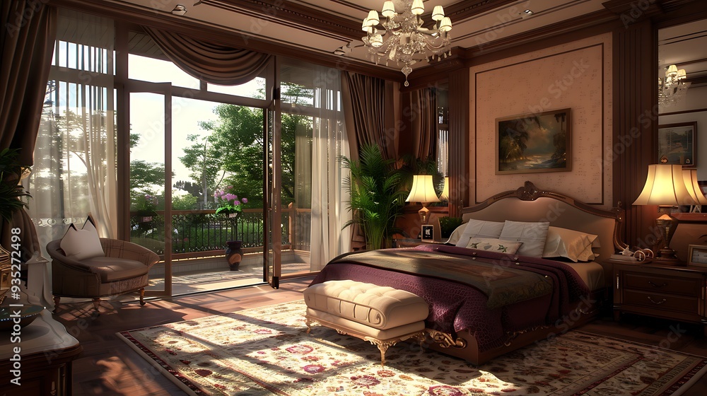 High ceilings a traditional violet brown bedroom that lets in plenty of light via the glass windows High ceilings a traditional violet brown bedroom that lets in plenty of light via the glass windows