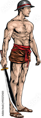 Thai ancient warrior poses with his sword colored