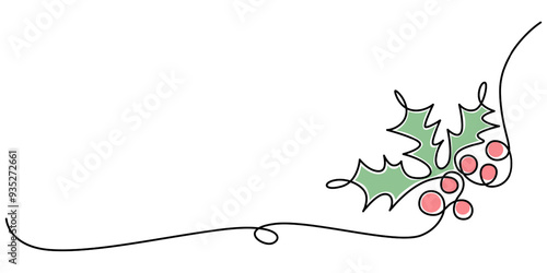 Christmas plant in continuous line drawing style. Line art of holly leaves with berry. Vector illustration. Abstract background, Holly Ornament, Holly berry leaves Continuous line hand-drawn.