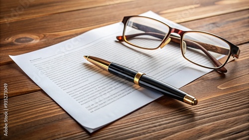 A formal document with a pen and a pair of glasses on a wooden desk, symbolizing a legally binding will and trust agreement. photo