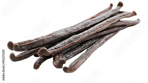 A close-up view of fresh vanilla pods, showcasing their rich color and texture, perfect for culinary or flavoring imagery.