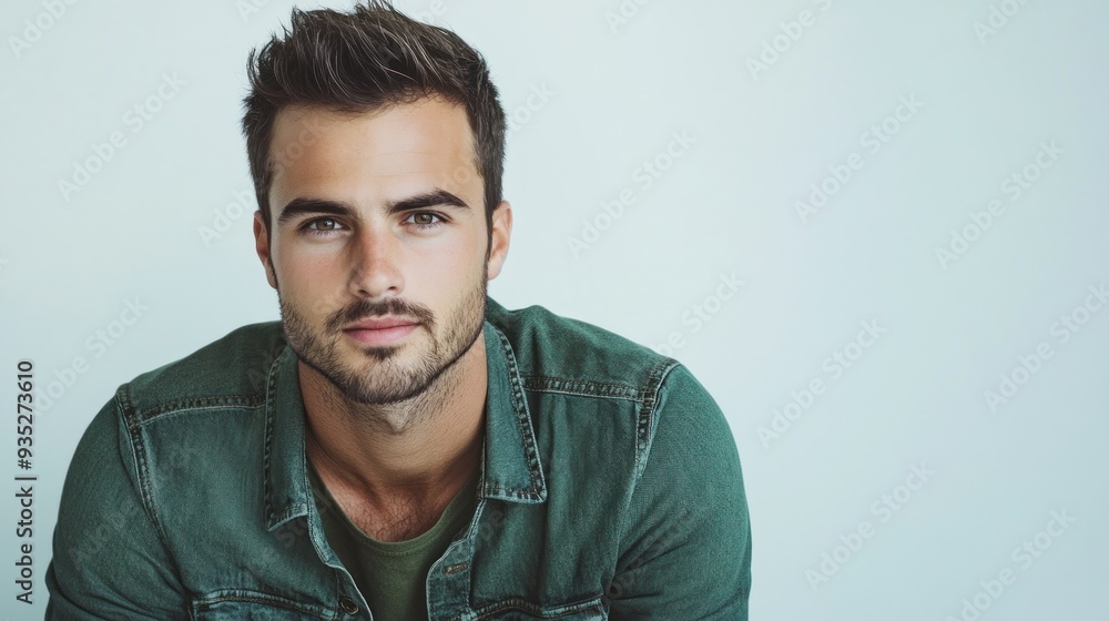 Obraz premium Man in green denim shirt with confident expression shown.