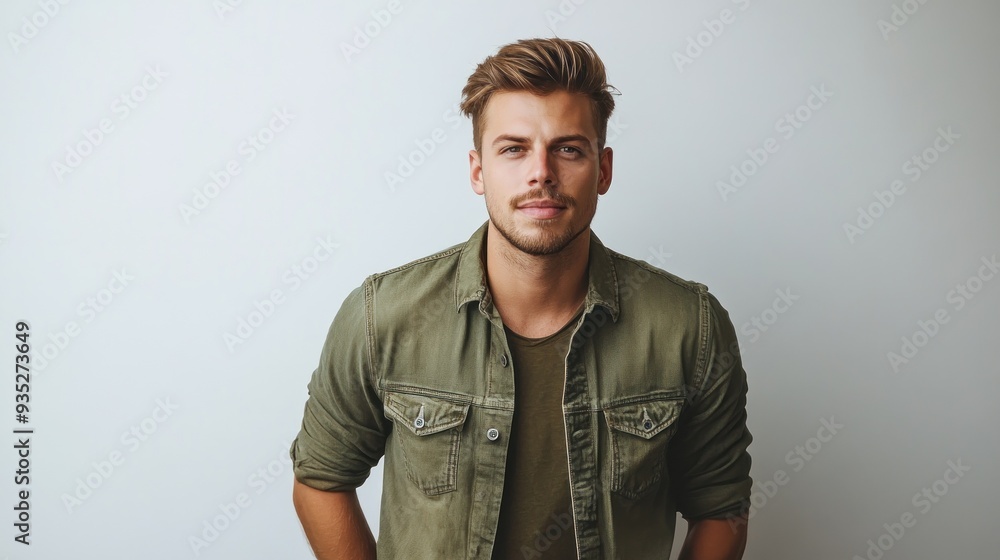 Obraz premium A man in green jacket posing in front of plain wall