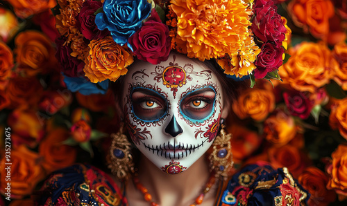 A stunning portrait of a woman celebrating Dia de los Muertos, adorned with vibrant sugar skull makeup and a floral crown. The intense gaze and colorful details highlight the cultural significance 