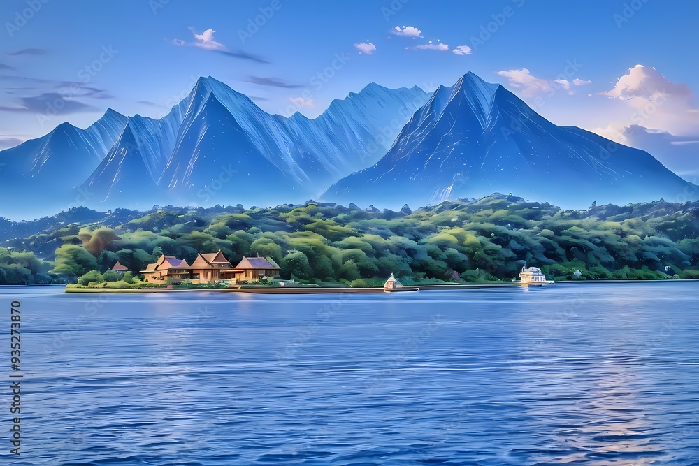 Naklejka premium the beauty of the lake with a panoramic view of the village with a backdrop of snow-capped mountain plateaus