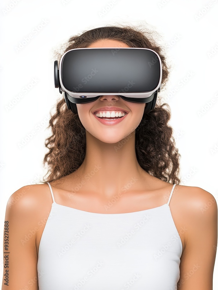 A smiling woman wearing virtual reality goggles, enjoying an immersive experience. A smiling woman wearing virtual reality goggles, enjoying an immersive experience.
