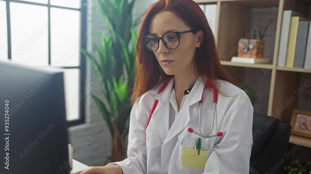 A focused caucasian woman doctor with red hair and glasses works attentively in a hospital room. A focused caucasian woman doctor with red hair and glasses works attentively in a hospital room.
