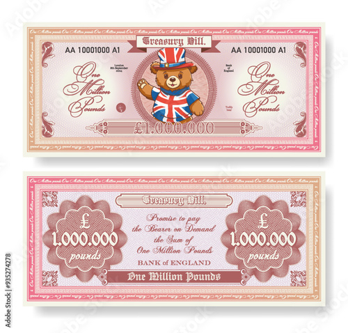 Vector cute cartoon teddy bear salutes, wearing shirt and hat with UK flag. Banknote or bond denomination of one million pounds. Obverse and reverse of 1000000 note. England fictional money. GB pound.