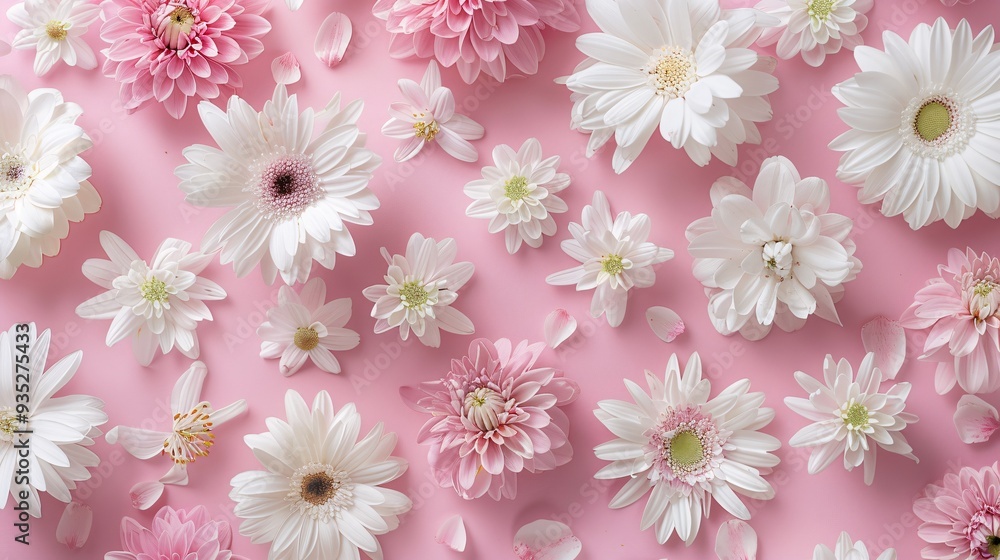 5. Various white and pink flowers, such as daisies, chrysanthemums, and cherry blossoms, arranged on a seamless pastel pink background. The top view and flat lay layout provide ample copy space for 5. Various white and pink flowers, such as daisies, chrysanthemums, and cherry blossoms, arranged on a seamless pastel pink background. The top view and flat lay layout provide ample copy space for