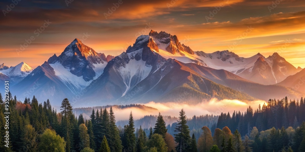 Obraz premium Majestic mountain range at dawn , majestic, landscape, mountain, range, dawn, sunlight, nature, beauty, scenic