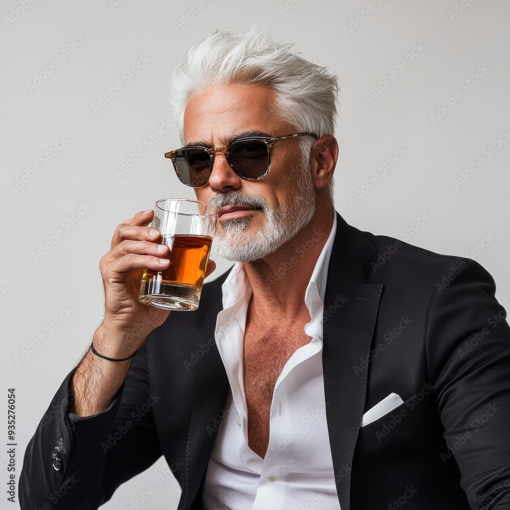 A confident man with a distinguished silver beard and sleek black suit, holding a glass of whiskey, portrays a suave, polished, and sophisticated image A confident man with a distinguished silver beard and sleek black suit, holding a glass of whiskey, portrays a suave, polished, and sophisticated image