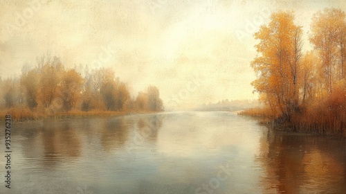 A misty autumn morning with golden trees reflected in a still river.