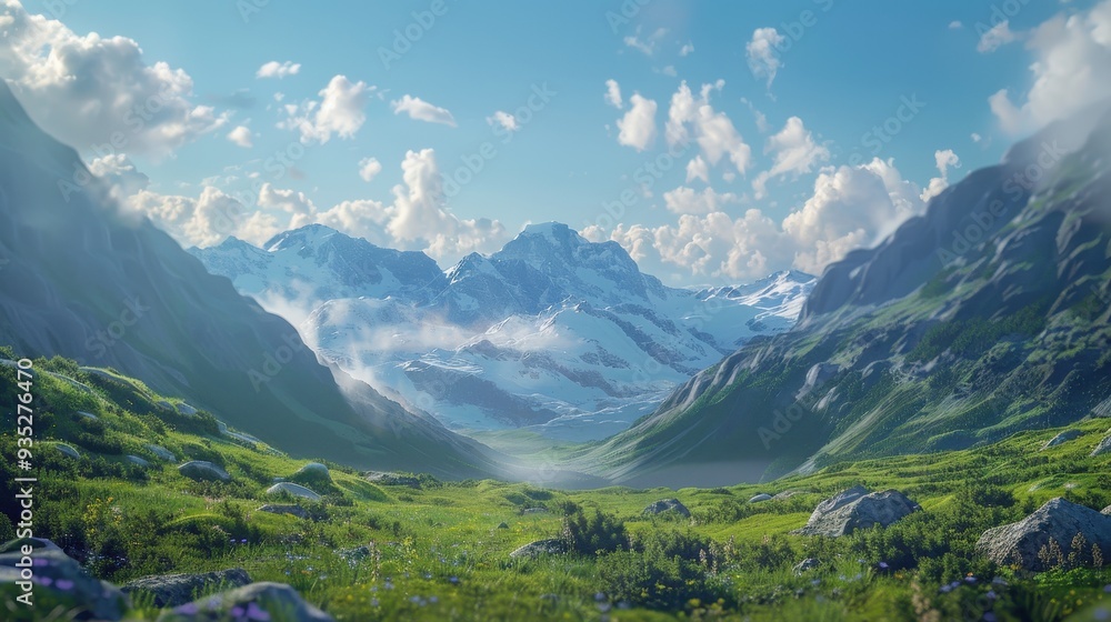 Fototapeta premium Snow-capped Mountains Surrounded by Lush Green Valley