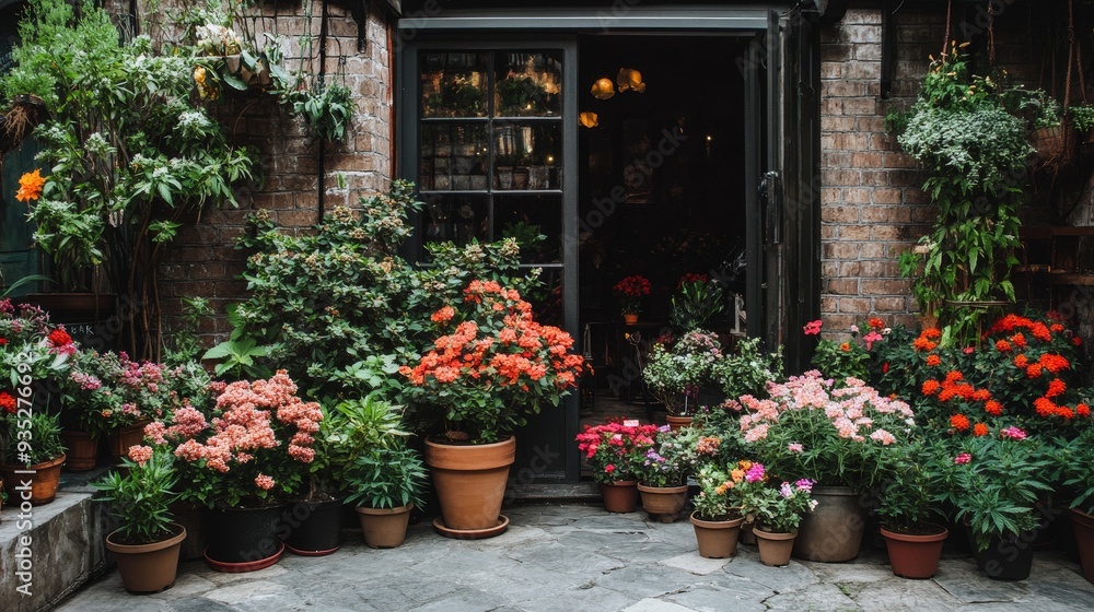 A charming entrance adorned with vibrant flowers in pots, creating a welcoming atmosphere. A charming entrance adorned with vibrant flowers in pots, creating a welcoming atmosphere.