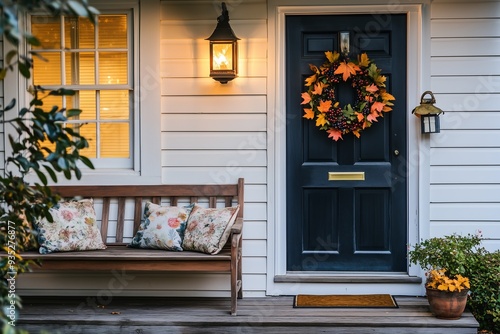 A welcoming porch with a bench and pillows, decorated with an autumn wreath on a blue door and surrounding plants. photo