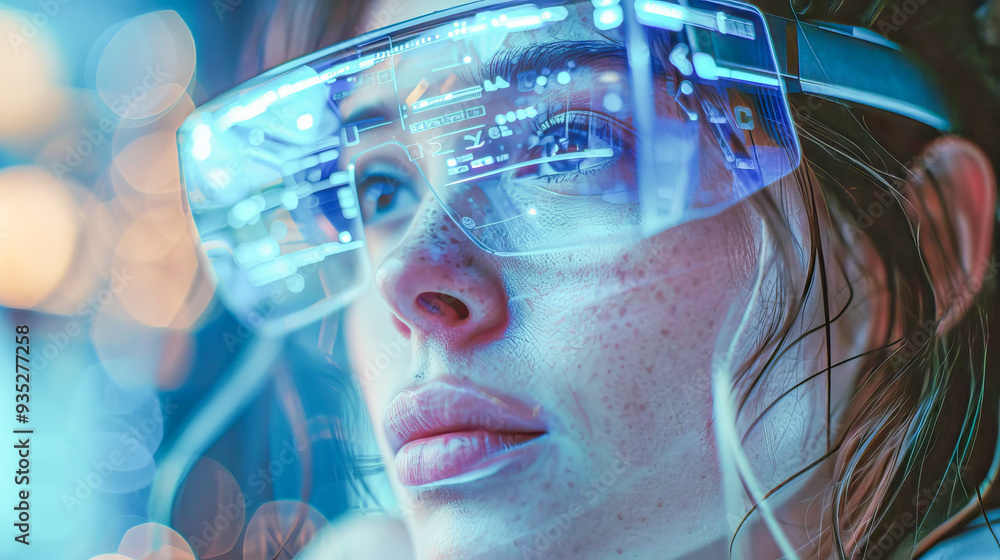 Woman wearing futuristic vr glasses experiencing virtual reality Woman wearing futuristic vr glasses experiencing virtual reality