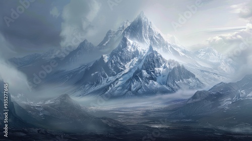 A Majestic Snowy Mountain Peak Surrounded by Fog