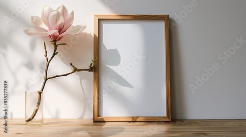 4. Simple wooden picture frame featuring a white background, standing on a wooden table and leaning against the wall. A small magnolia flower is beside the frame, with natural light streaming in from