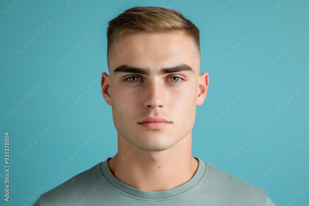 Fototapeta premium A studio close-up portrait of a young white man wearing a casual t-shirt, with a colourful background.
