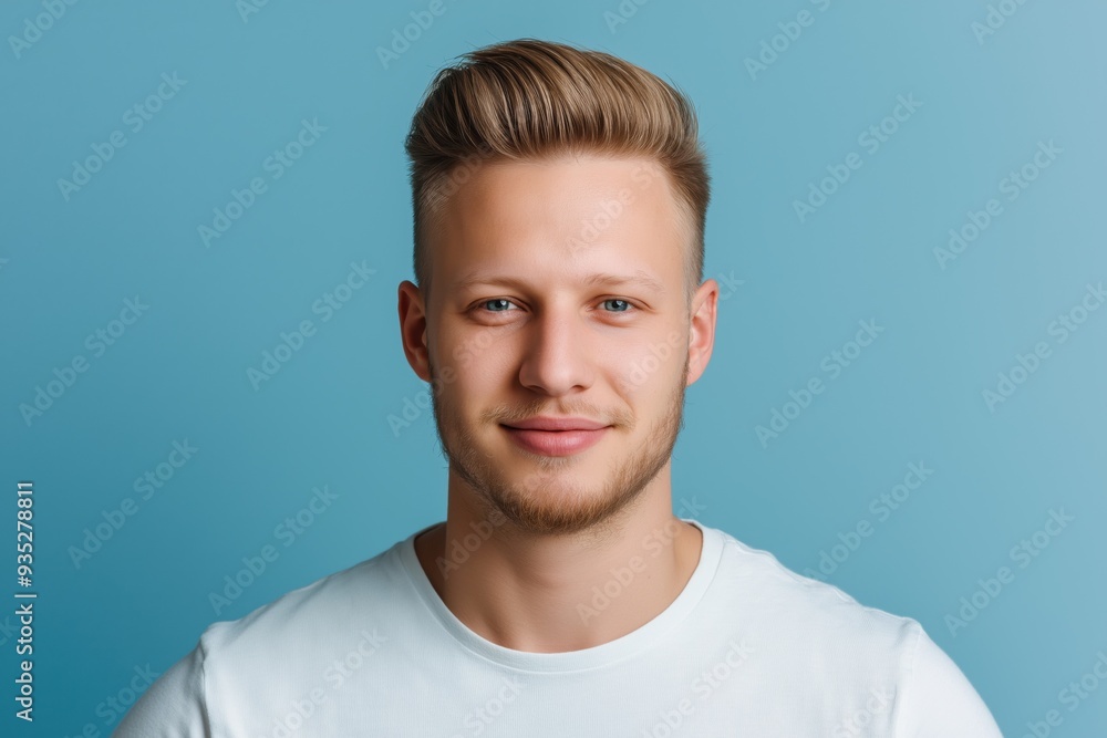 Fototapeta premium A studio close-up portrait of a young white man wearing a casual t-shirt, with a colourful background.