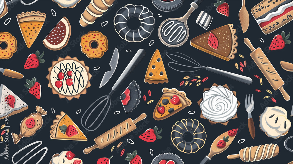 Pattern of various baked goods with strawberries on a dark background Pattern of various baked goods with strawberries on a dark background