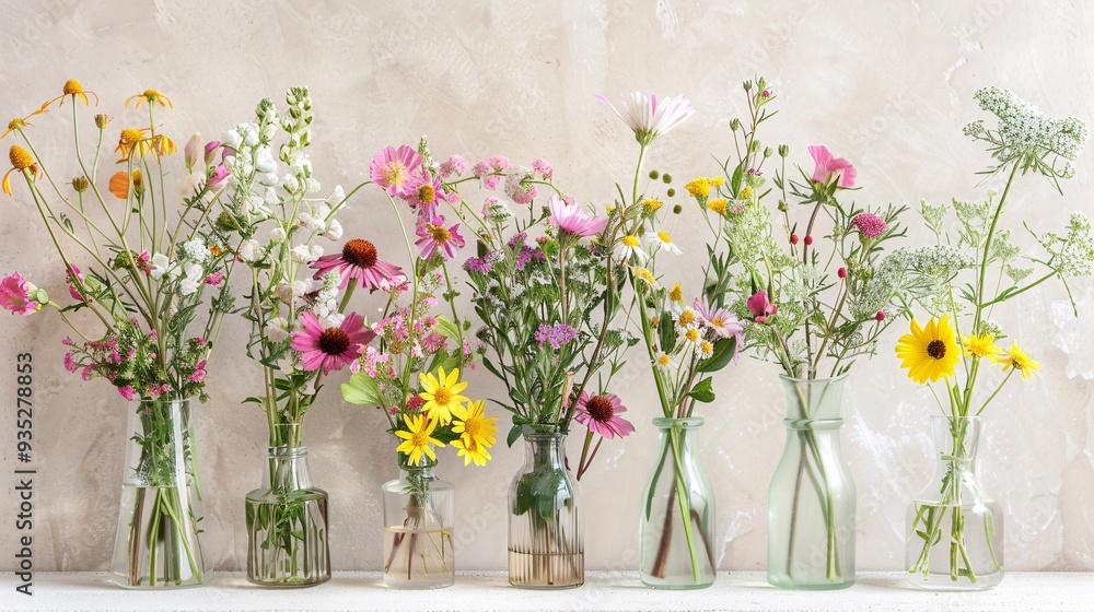 5. Vibrant wildflower bouquets in small vases, featuring delicate blossoms from country meadows. This realistic photo captures the essence of home decor with natural elements, creating a charming 5. Vibrant wildflower bouquets in small vases, featuring delicate blossoms from country meadows. This realistic photo captures the essence of home decor with natural elements, creating a charming