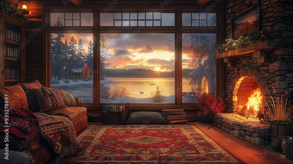 Obraz premium Cozy Cabin Interior Overlooking Peaceful Lake During Colorful Sunset in Winter
