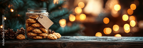 Rustic holiday setup with a jar of homemade cookies and pinecones on a wooden shelf. The warm bokeh lights in the background create a cozy and festive scene.