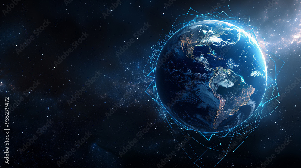 Planet Earth illuminated by city lights in space with stars and galaxy.. Planet Earth illuminated by city lights in space with stars and galaxy..
