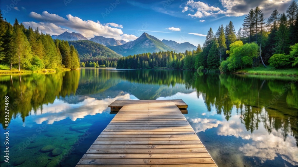 Tranquil mountain lake with wooden dock, surrounded by nature , serene, peaceful, tranquil, mountains, lake, water Tranquil mountain lake with wooden dock, surrounded by nature , serene, peaceful, tranquil, mountains, lake, water