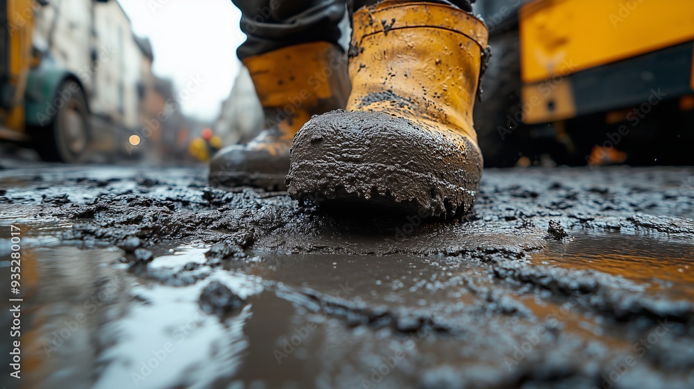 Close-up of yellow work boots covered in mud, highlighting rugged conditions at a construction site on a rainy day. Close-up of yellow work boots covered in mud, highlighting rugged conditions at a construction site on a rainy day.
