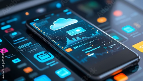 A futuristic digital workspace featuring a sleek smartphone displaying vibrant cloud data alongside an array of colorful app icons, showcasing technology's seamless integration into daily life.