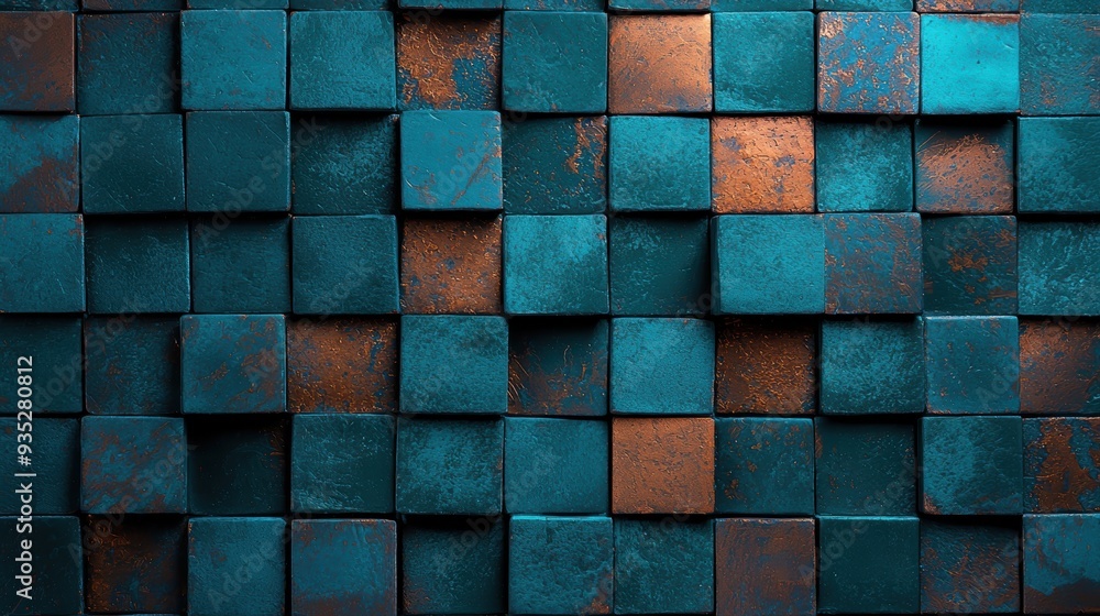 Abstract geometric pattern of blue and copper colored cubes creating a visually captivating design Abstract geometric pattern of blue and copper colored cubes creating a visually captivating design