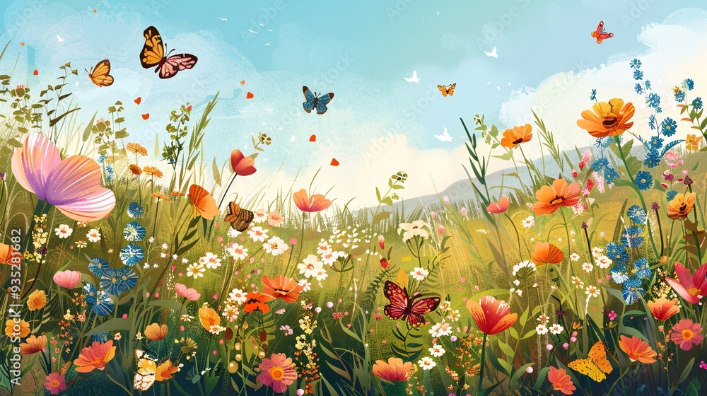 4. Lively vector art of a meadow ecosystem in equilibrium, highlighting an array of blooming flowers, various grasses, and small creatures such as bees, butterflies, and birds, illustrating the 4. Lively vector art of a meadow ecosystem in equilibrium, highlighting an array of blooming flowers, various grasses, and small creatures such as bees, butterflies, and birds, illustrating the