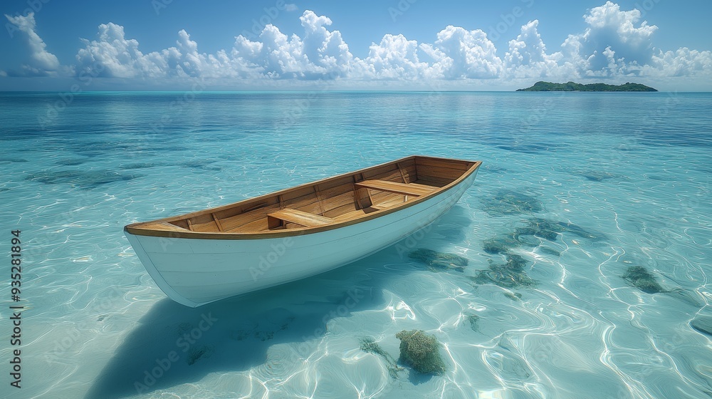 A serene wooden boat floats on clear, turquoise water under a sunny sky with distant clouds. A serene wooden boat floats on clear, turquoise water under a sunny sky with distant clouds.