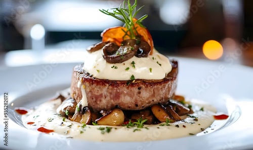 Beefsteak garlic and mushrooms with white bechamel sauce cream on top, Generative AI photo