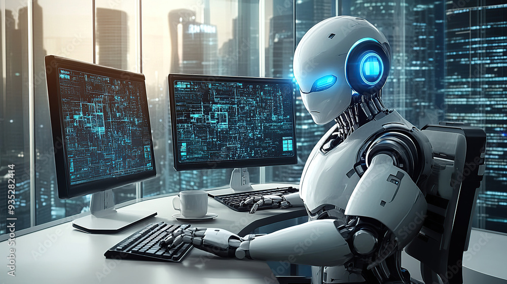 A white humanoid robot with glowing blue eyes sits at an office desk A white humanoid robot with glowing blue eyes sits at an office desk
