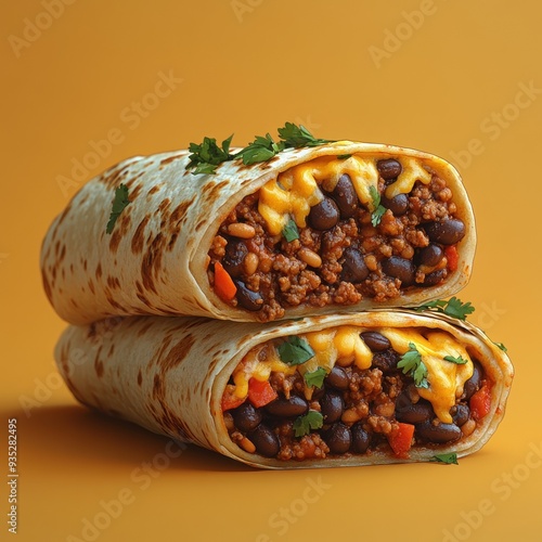 Stacked burritos with black beans and melted cheese inside. photo