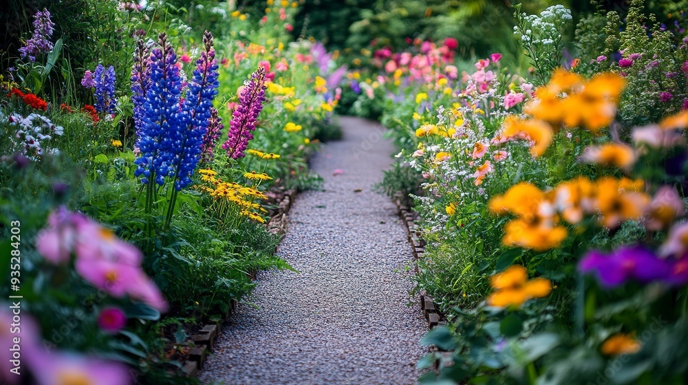 Obraz premium Colorful garden path with vibrant flowers 