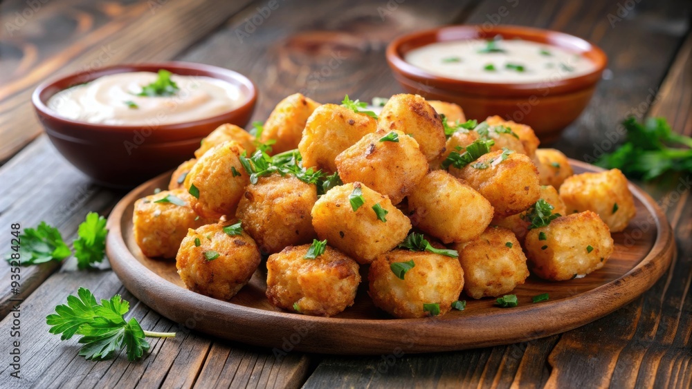Crispy tater tots with fresh herbs and dipping sauce, tater tots, crispy, golden, fresh herbs, garnish, dipping sauce, appetizer Crispy tater tots with fresh herbs and dipping sauce, tater tots, crispy, golden, fresh herbs, garnish, dipping sauce, appetizer
