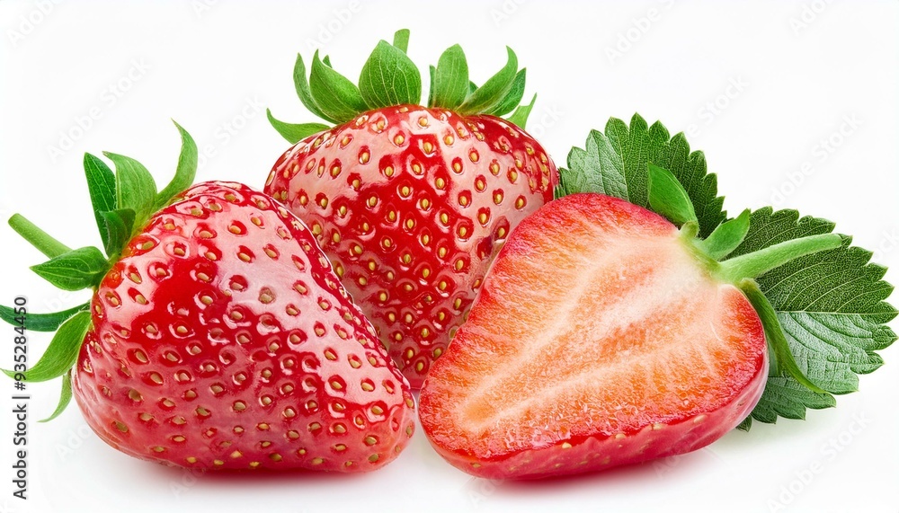 Strawberries isolated. Strawberry slice and whole on white background. Perfect retouch. Full depth of field. With clipping path. Strawberries isolated. Strawberry slice and whole on white background. Perfect retouch. Full depth of field. With clipping path.