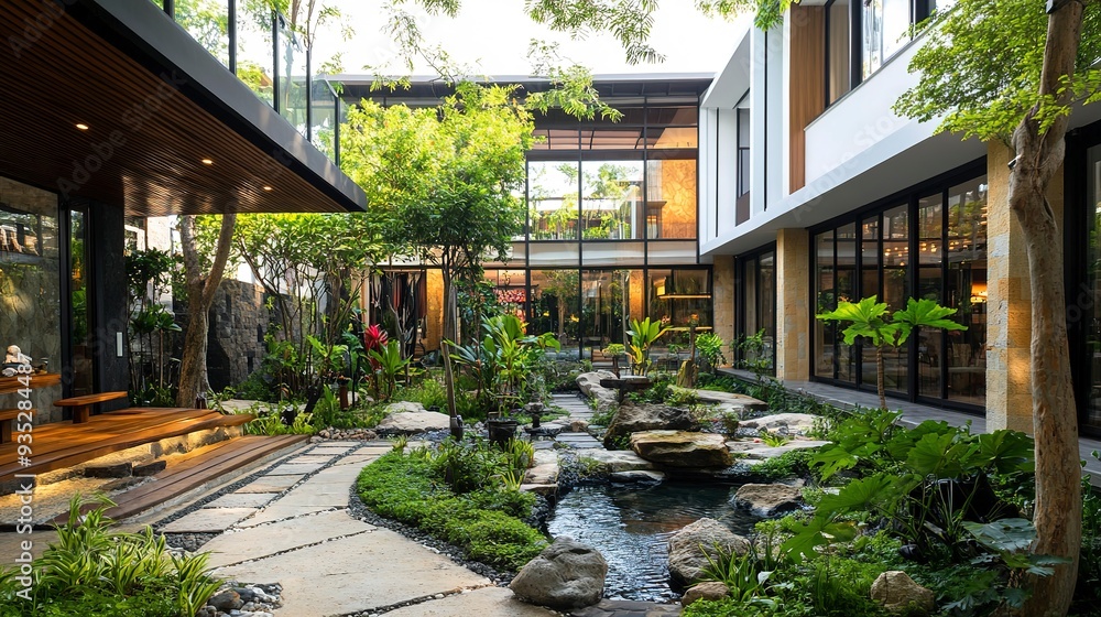 Naklejka premium Modern hotel with beautiful garden inside,Eco-friendly.