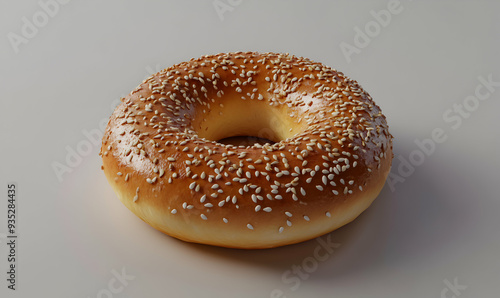 A freshly baked bagel with sesame seeds, isolated on a white background.