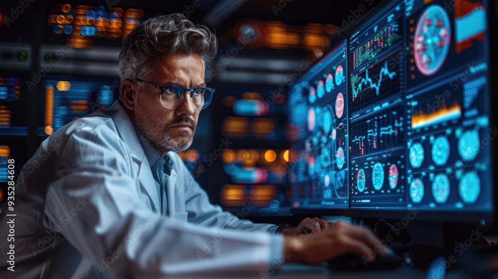 A researcher in a modern laboratory closely examines complex data displayed on multiple high-resolution monitors, showing charts, graphics, and digital information. A researcher in a modern laboratory closely examines complex data displayed on multiple high-resolution monitors, showing charts, graphics, and digital information.
