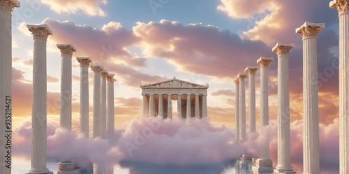 Digital illustration of Parthenon temple in Athens, surrounded b