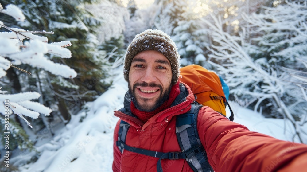 A young man wearing a warm red jacket and a beanie takes a moment to smile for a selfie while hiking in a snow-covered forest with sparkling white trees around him A young man wearing a warm red jacket and a beanie takes a moment to smile for a selfie while hiking in a snow-covered forest with sparkling white trees around him