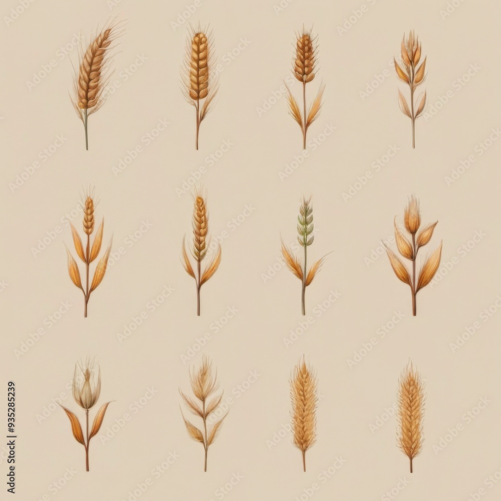 Nine Hand-Drawn Wheat Plant Illustrations in Various Styles on L Nine Hand-Drawn Wheat Plant Illustrations in Various Styles on L