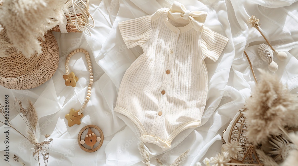 4. Baby romper mockup in an apparel flatlay setup, laid on a soft fabric background, enhanced with baby accessories such as a rattle, headband, and tiny mittens, with careful attention to lighting 4. Baby romper mockup in an apparel flatlay setup, laid on a soft fabric background, enhanced with baby accessories such as a rattle, headband, and tiny mittens, with careful attention to lighting