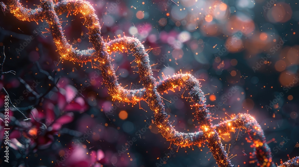This striking image features a glowing abstract representation of a DNA helix, beautifully intertwined and adorned with radiant sparkles and dynamic colors amidst a dark background. This striking image features a glowing abstract representation of a DNA helix, beautifully intertwined and adorned with radiant sparkles and dynamic colors amidst a dark background.